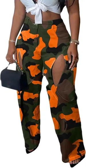 YOOTIKO Womens Camo Cargo Pants High Waisted Army Fatigue Loose Straight Wide Leg Camouflage Trousers Streetwear