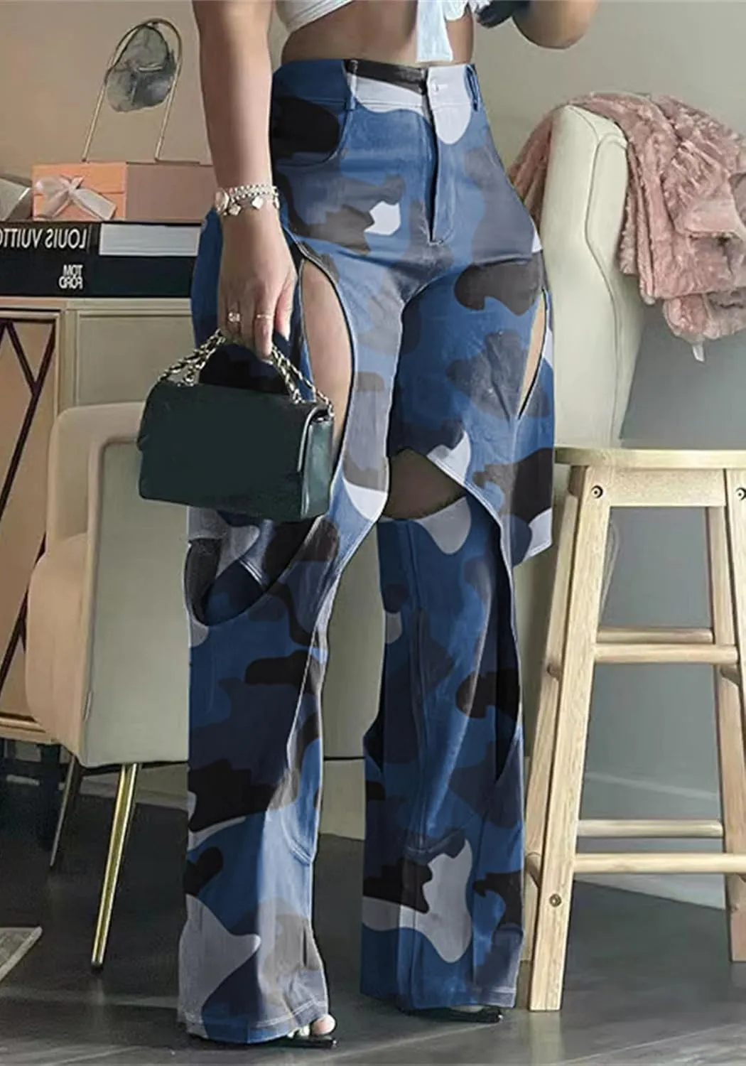 YOOTIKO Womens Camo Cargo Pants High Waisted Army Fatigue Loose Straight Wide Leg Camouflage Trousers Streetwear